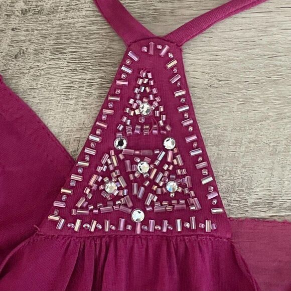 Marciano Boho Cold Shoulder Flutter Sleeve Fuchsia Knit Beaded Blouse Size XS - Picture 3 of 7